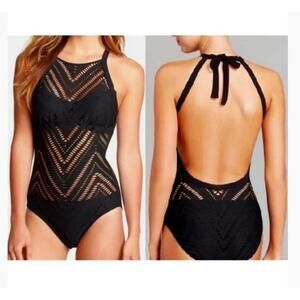 Robin Piccone Black Crochet Halter Open Back Lace Cutout Swimsuit One Piece 12